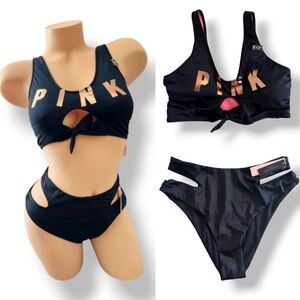 PINK Victoria’s Secret Swim Top Keyhole & High Waist Bottom Bikini Black Small